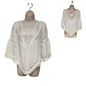 Garage Cover Up Off White Crochet Flowry Top/Blouse Size Large